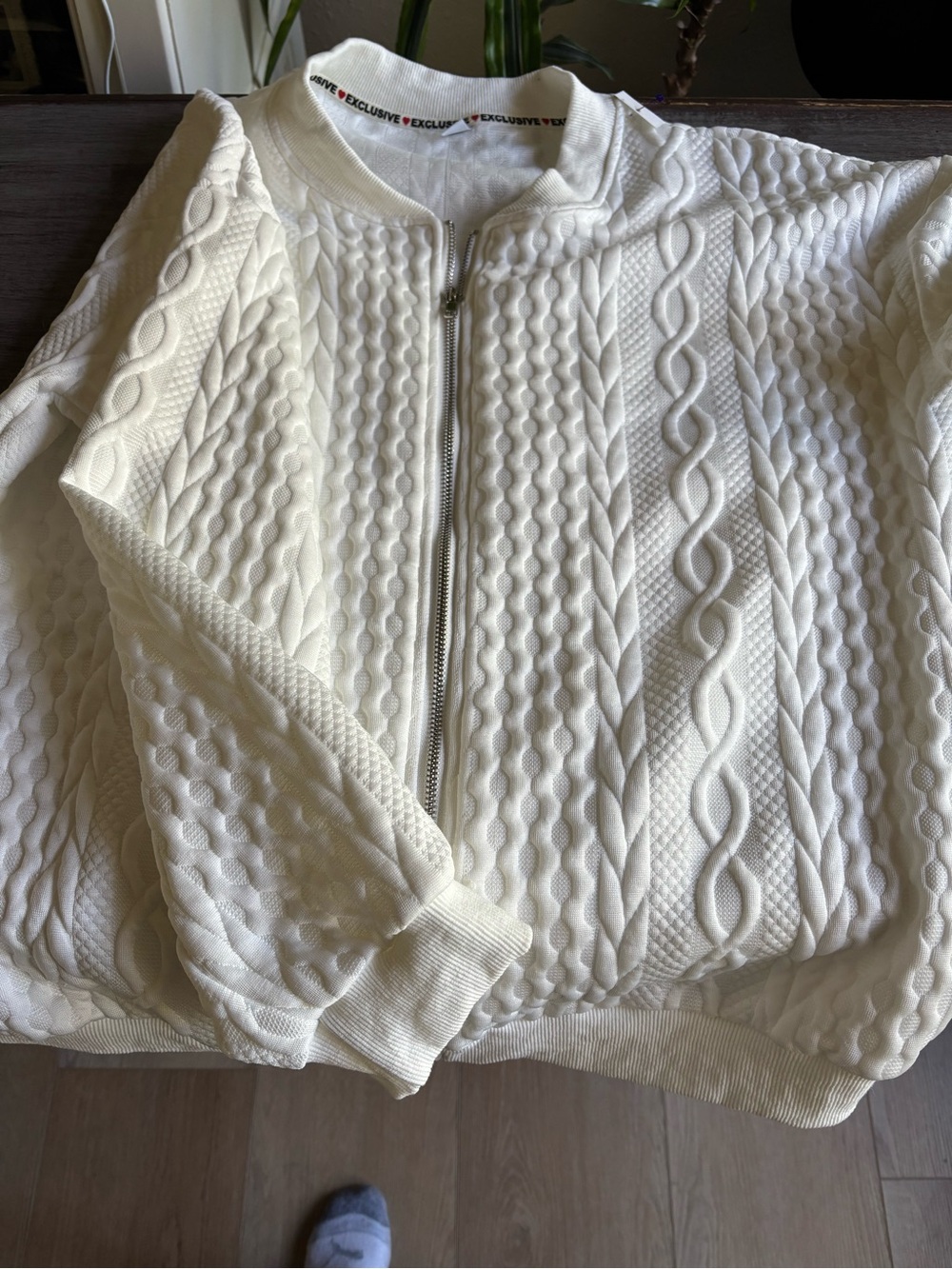 White Cable-Knit Zip Front Women's Sweater Jacket
